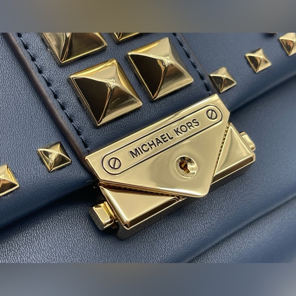 Michael Kors Navy Faux Leather Studs Satchel Shoulder Bag - Picture 14 of 16